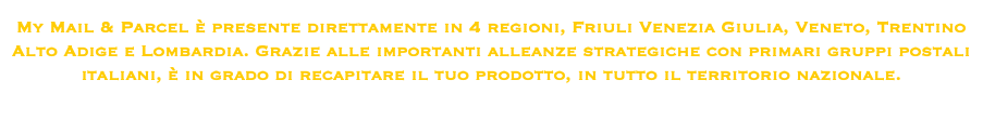 
My Mail & Parcel è presente direttamente in 4 regioni, Friuli Venezia Giulia, Veneto, Trentino Alto Adige e Lombardia. Grazie alle importanti alleanze strategiche con primari gruppi postali italiani, è in grado di recapitare il tuo prodotto, in tutto il territorio nazionale. 